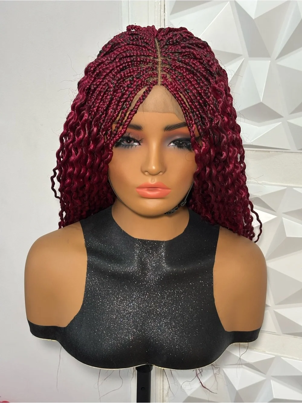 Handmade Boho curly twist Braided Closure Wig Burgundy Lightweight Natural Densi